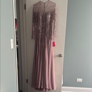 Terani Couture Sheer Lace Sleeve Sequin Embellished Chiffon Ball Gown